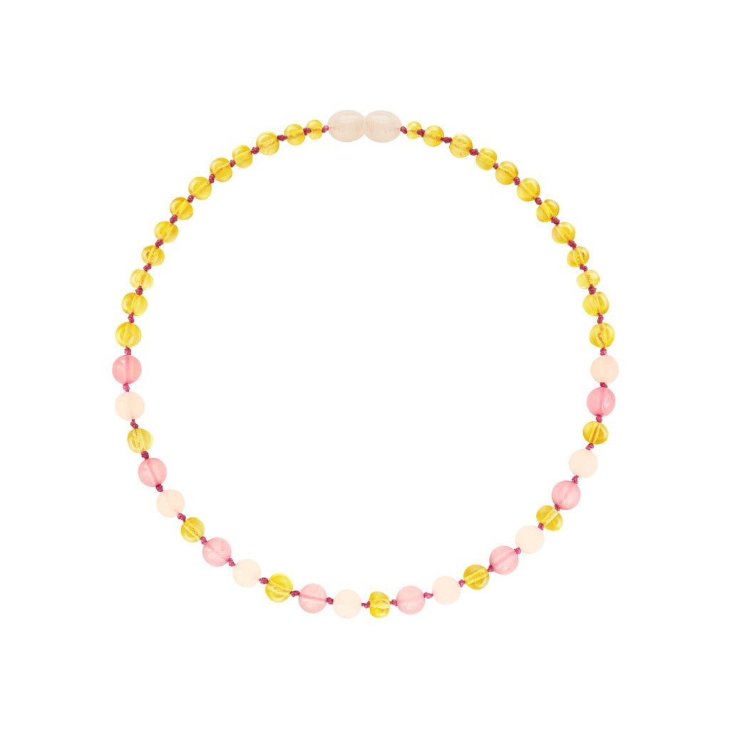 Barnsteen ketting kind - lemon en rozenkwarts - 32 cm