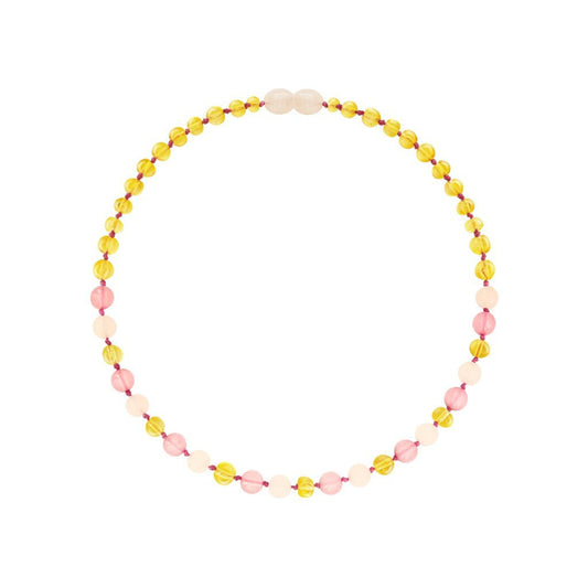 Barnsteen ketting kind - lemon en rozenkwarts - 32 cm